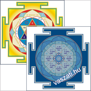 A kelet-nyugat tengelyhez tartozó Ramacandra (sárga) és Kurma yantra (kék.)