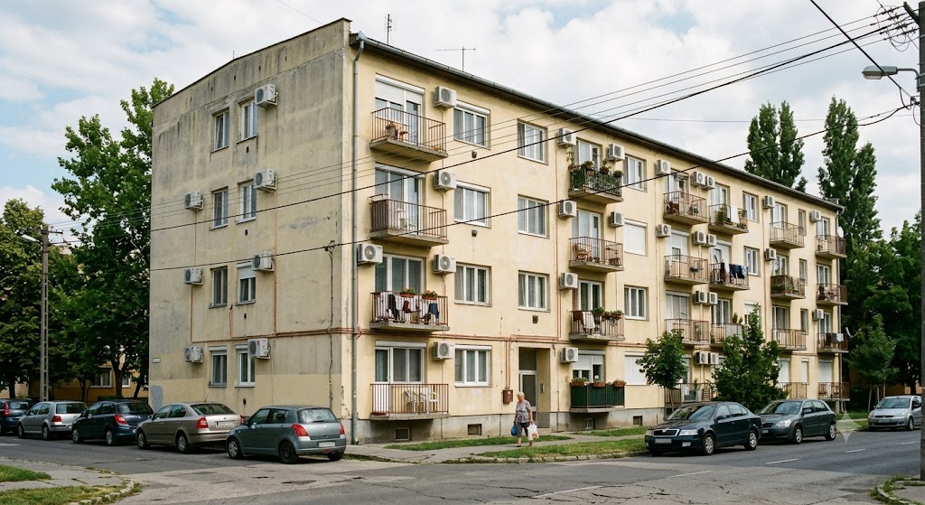 Egy teljesen átlagos kinézetű társasház. Minél forróbbak a nyarak, annál többen szereltetnek a lakásukba klímaberendezést. (Sajnos érthető módon, mert egy társasházi lakásban sokkal elviselhetetlenebb tud lenni a meleg, mint egy kertes házban.) A képet a Gemini készítette nekem.